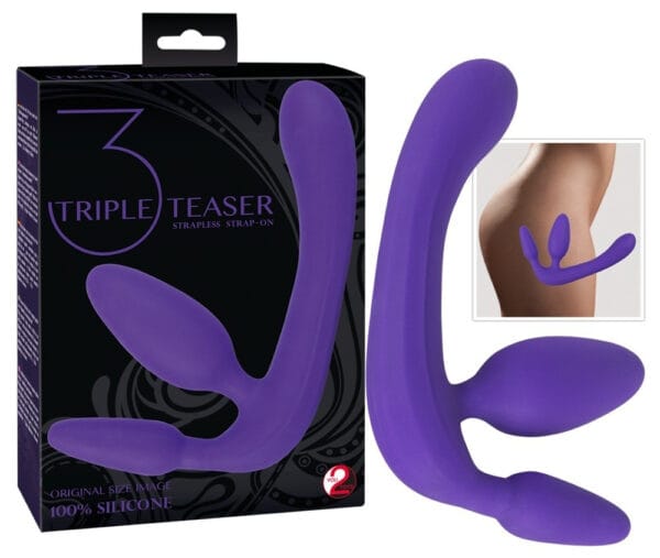 Trojité hands-free připínací dildo (fialové)