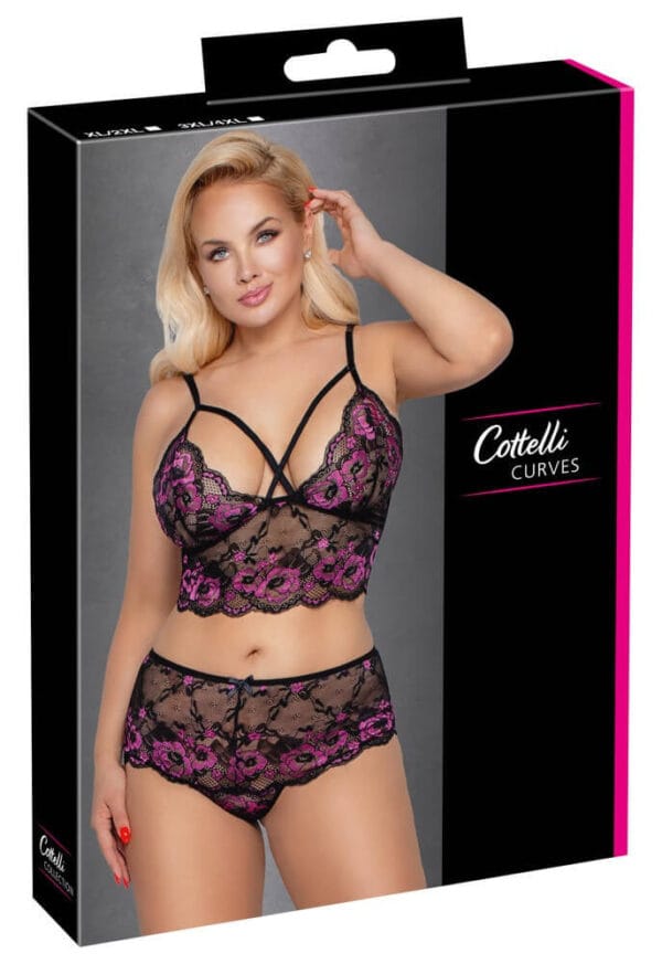 Cottelli Plus Size - květinová podprsenka set (černá-fialová)