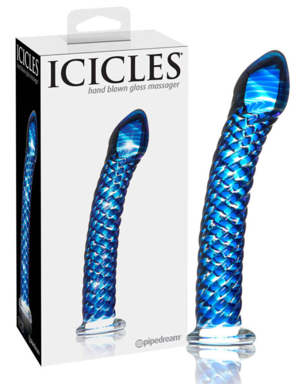 Icicles No. 29 - spirálové skleněné dildo s penisem (modré)