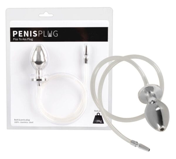 Piss to Ass Plug – dutý anální kolík z oceli s dilatátorem močové trubice