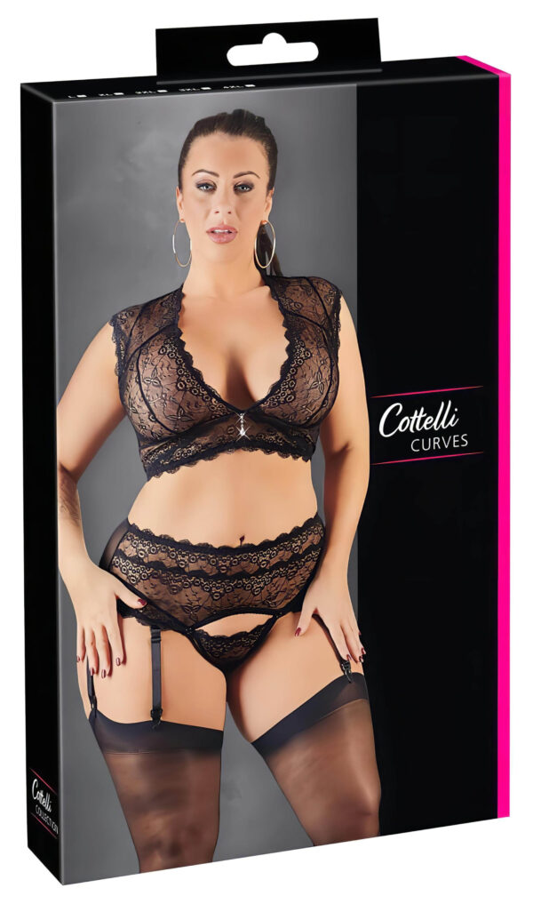 Cottelli Plus Size - lesklý krajkový prádlo set (černá) - 2XL