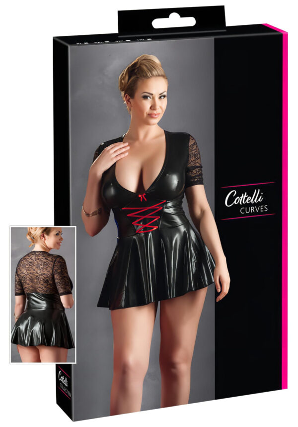 Cottelli Plus Size - lesklé šaty s červeným korzetem (černá)