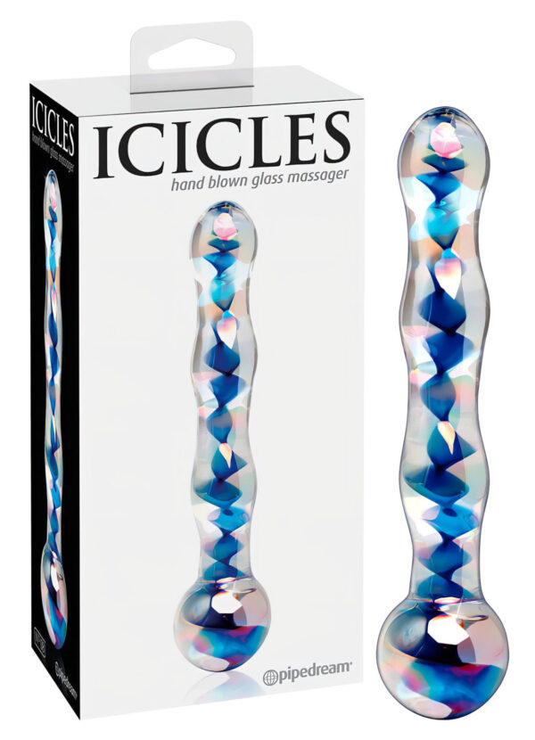 Icicles č. 08 - oboustranné vlnité skleněné dildo (průsvitně modré)