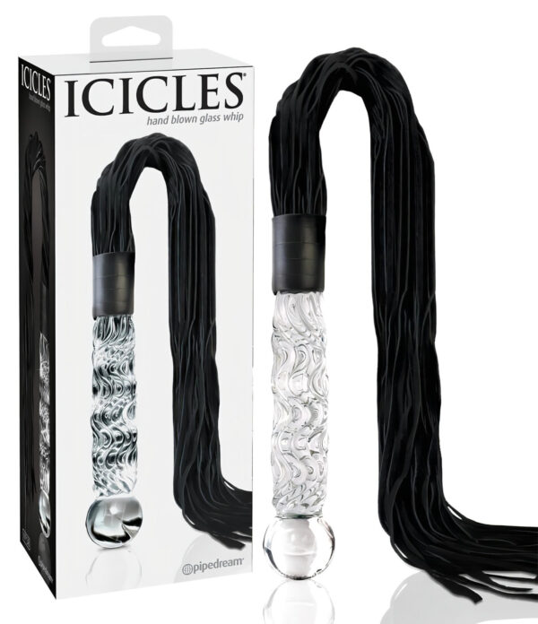 Icicles No. 38 - skleněný dildo s koženým bičíkem (průhledný-černý)