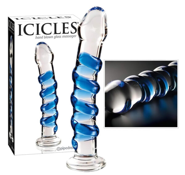 Icicles No. 5 - spirálové skleněné dildo (průhledné-modré)