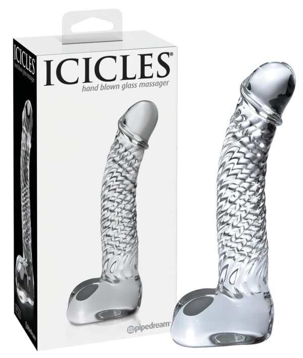 Icicles No. 61 - průhledný skleněný dildo s varlaty a penisem